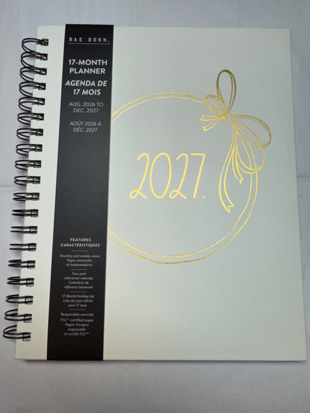 NEW Rae Dunn 2027 Planner Hardback Spiral 17 months Planner Gold Foil Bow Design